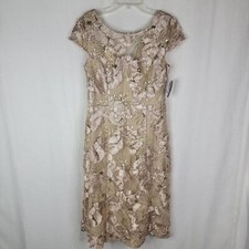 Alex Evenings Womens 8 Tea Length A line Sequin Light Champagne Gold Biege Dress