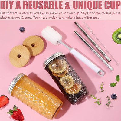 2 Pcs Glass Cups Set - 24Oz Mason Jar Drinking Glasses with Bamboo Lids & Str...