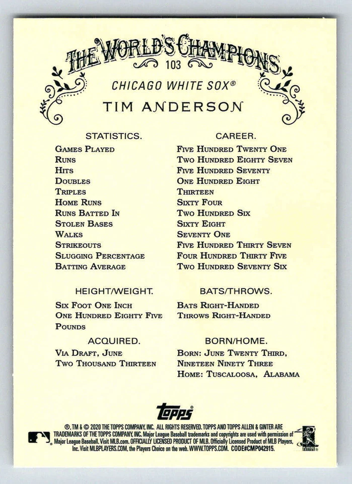 2020 Topps Allen and Ginter Chrome #103 Tim Anderson (ref 173414) - Image 2 of 2