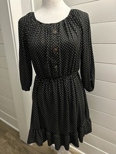 Heart & Arrow Women’s Blk White Polka Dot Sz 6 Stretchy Dress 3/4 Sleeve Ruffle