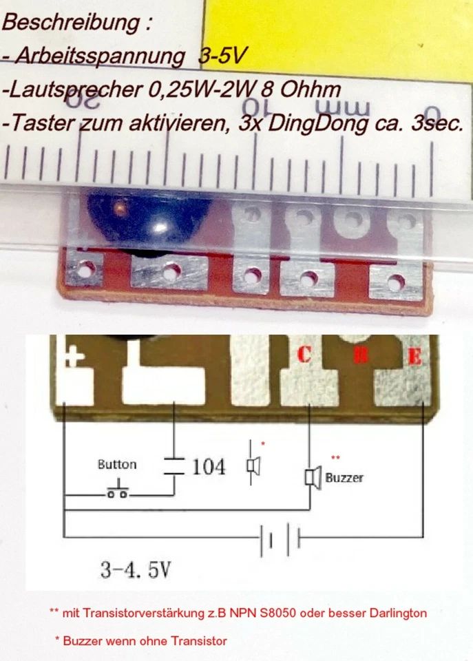 Audio- / Klangschaltung Ding-Dong Türklingel Bausatz ( Pcb. + Buzzer ) ... DIY - Bild 2 von 3