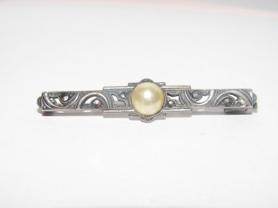 Broche ancienne en argent massif & marcassites – Pierre ambre