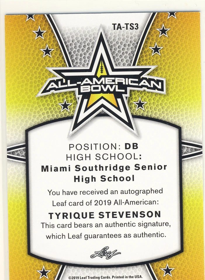 TYRIQUE STEVENSON 2019 Leaf Army All-American Bowl TOUR /10 AUTO BEARS - Image 2 of 2