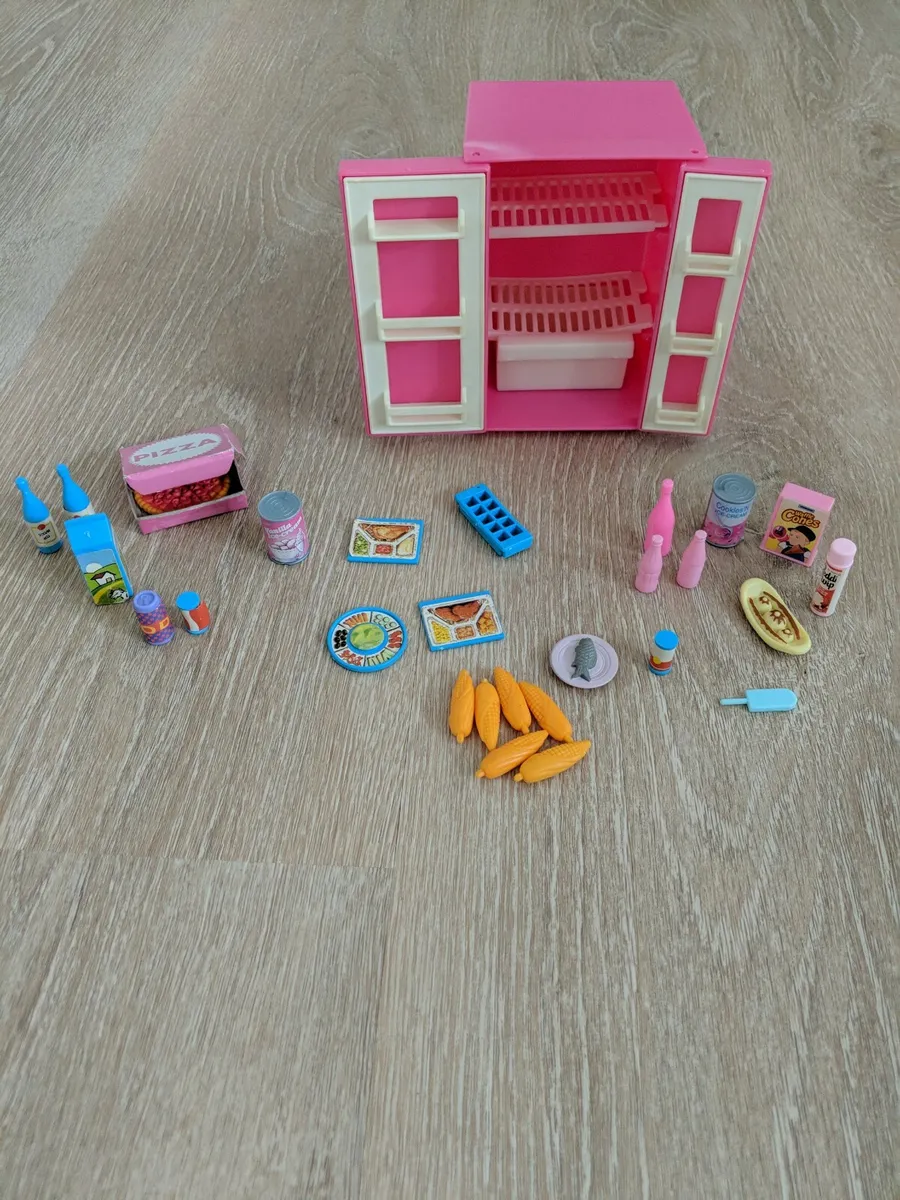 PINK Mattel Mini Fridge for Barbie Dream Kitchen w Food Extras Accessories