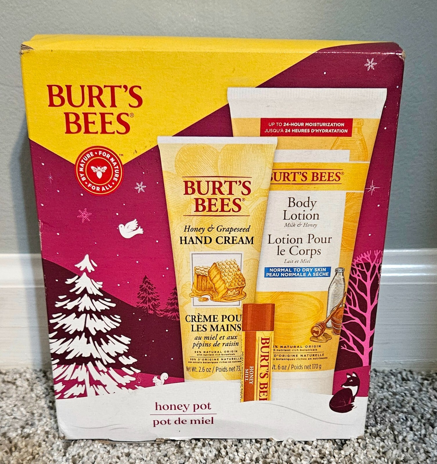 BURT'S BEES Honey Pot 3 Piece Gift Set NEW Lotion,Grapeseed Hand Cream,Lip Balm