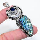 Abalone Shell, Blue Topaz 925 Sterling Silver Pendant Jewelry 3.07"