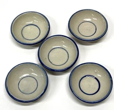 Mini Round Blue and Beige Ceramic Pottery Sauce Bowls Set of 5
