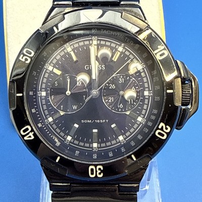 Guess Waterpro Mens Watch 42mm Black Day Date Gray Stainless New Battery Running