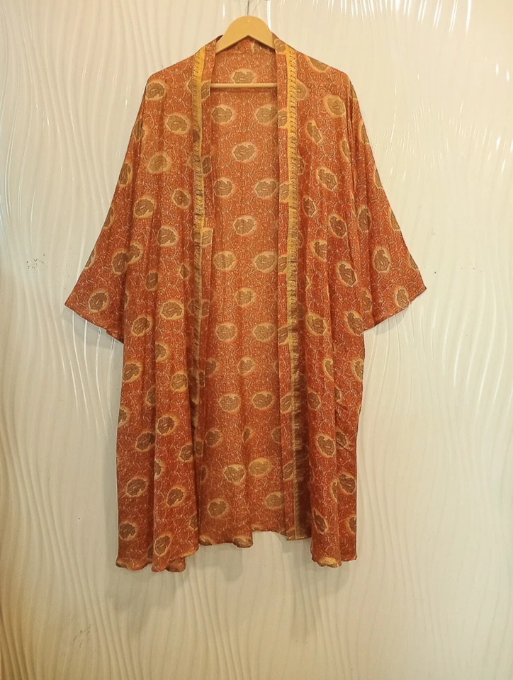 Bata midi kimono de seda pura hasta la rodilla vestido kimono de seda naranja MKMO2201 Foto 2 de 4