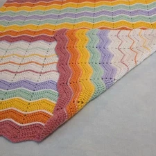 Baby Crib Blanket Hand Crochet 33 x 45” Pretty Rainbow Colors New Born Throw