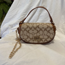 Coach Monogramm Schultertasche klein oval Beige/Braun Kettenriemen abnehmbar