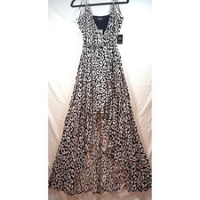 Express Leopard Print High Low Maxi Dress Black White Ruffle V-Neck NWT Medium