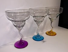 3 Libbey Z-Stem Margarita Cocktail Glasses Zig Zag Stem Vintage Barware