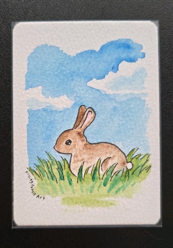 Original ACEO Watercolor Painting Bunny Sitting In Grass 2.5 x 3.5" By FPA