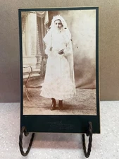 Victorian First Communion Girl Holding Bible Pearls Lorgnette-Style Veil Unusual