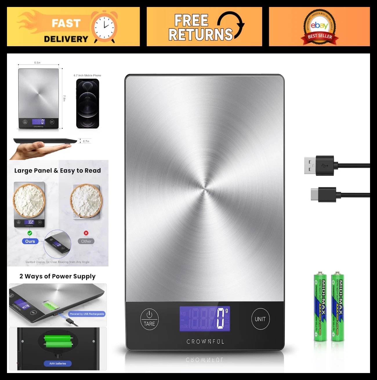 33lb Digital Kitchen Scale - Rechargeable Stainless Steel, LCD Display, Grams/Ou