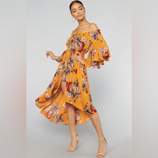 Fashion Nova Mustard Yellow Floral Summer Dress NWT
