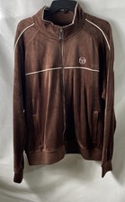 Sergio Tacchini Men's Brown Velour Zip Up Track Jacket White Piping Sz XL