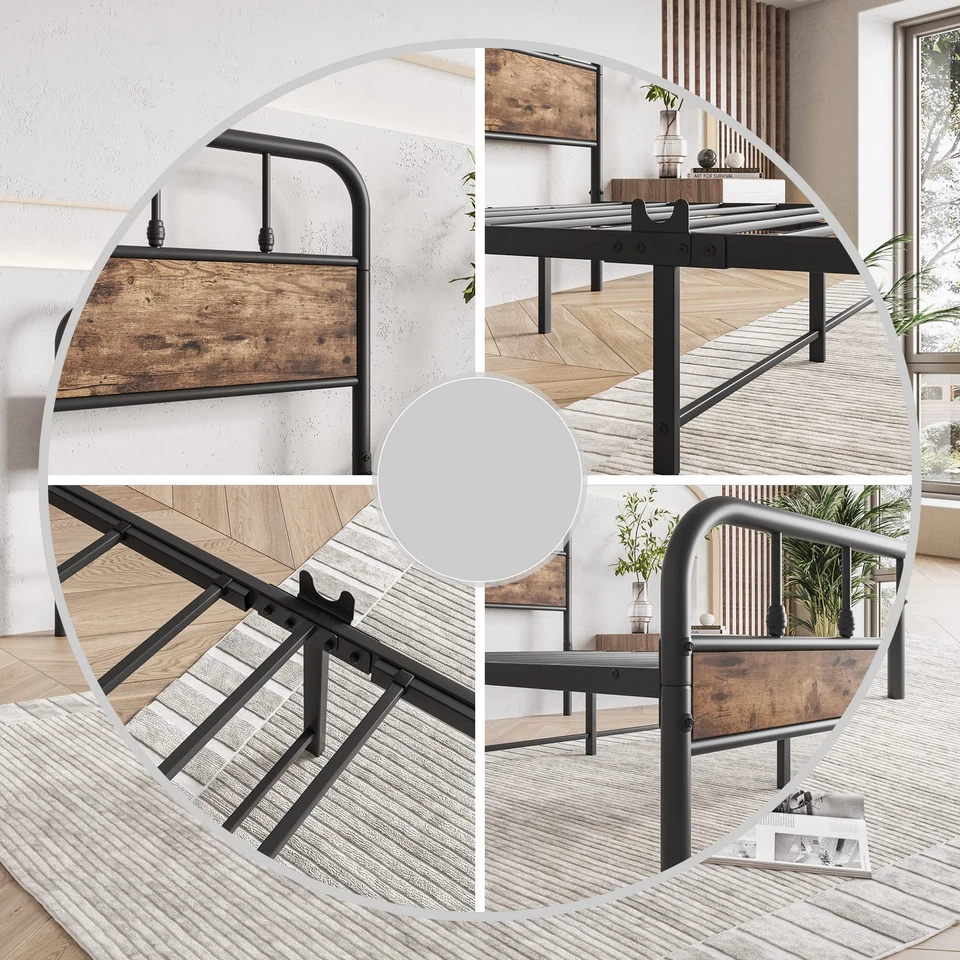 Marco de cama de metal de tamaño completo con cabecero y pie de cama de madera rústica vintage, St... Foto 3 de 4