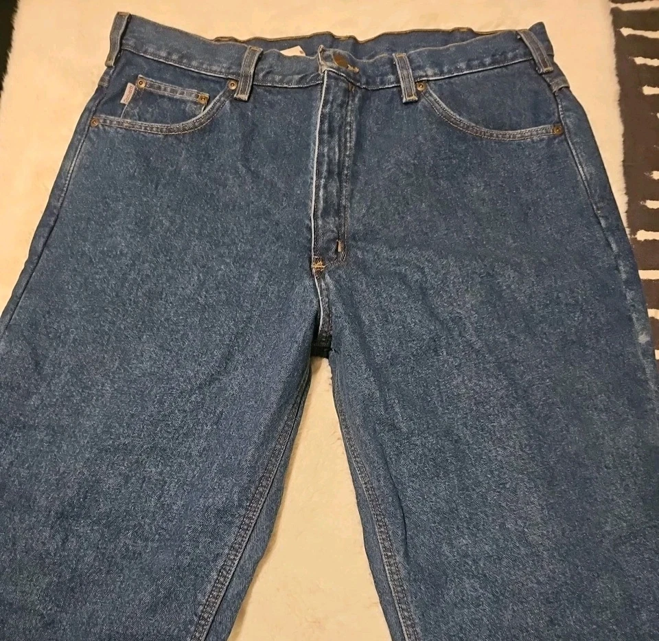 CARHARTT FLANNEL LINED Mens Jeans 39x30 Regular Fit Straight Med Wash Blue Denim - Image 4 of 4