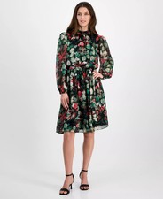Tahari ASL Printed Chiffon Tie-Waist Dress Women's 16 Jade/Crimson Zip Closure
