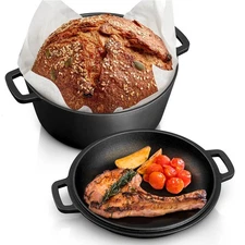 Pre-season Cast Iron Dutch Oven with Skillet Lid, 2-in-1 Cast Iron Bread Pan ...