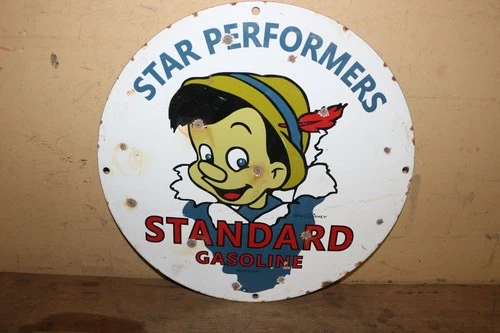 Vtg Standard Gasoline Gas Station Walt Disney Pinocchio Porcelain Metal Sign