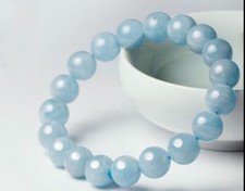 Natural 10mm Blue Aquamarine Round Gemstone Beads Stretchy Bangle Bracelet 7.5  