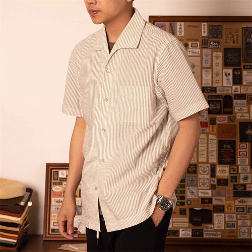 Retro Seersucker Striped Shirt 100% Cotton Men's Short Sleeve Shirt 3XL   - Picture 41 of 43