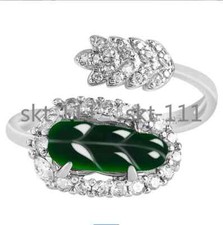 Certified S925 Sterling Silver Natural Green Burma A Jade jadeite Leaf Ring