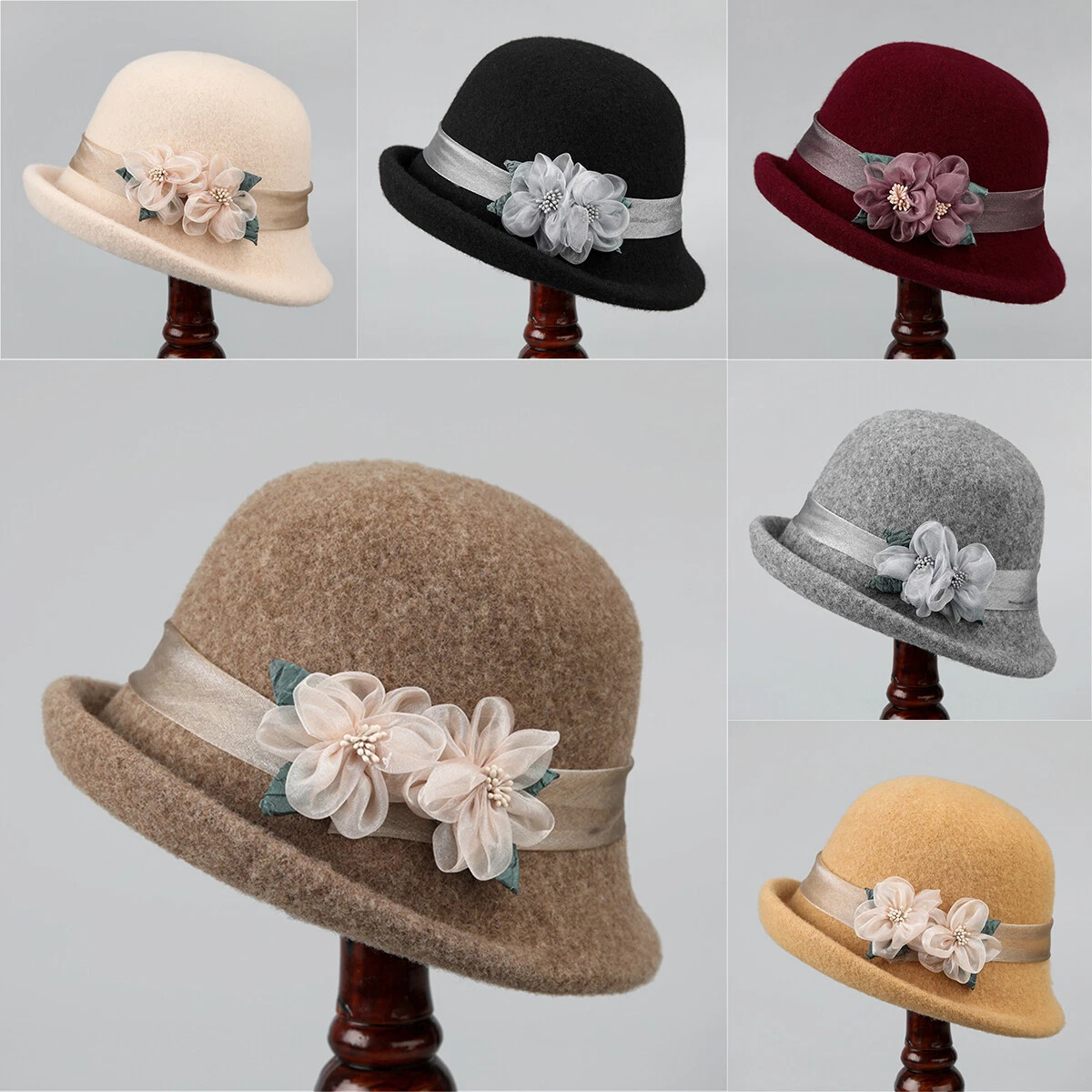 Winter Hat Women Trendy Knitted Round Brim Bucket Cloche Cap Cute Flower Church