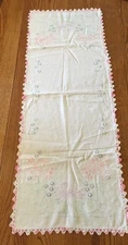 VINTAGE 14x36" HAND EMBROIDERED RUNNER OR DRESSER SCARF pastel floral crocheted