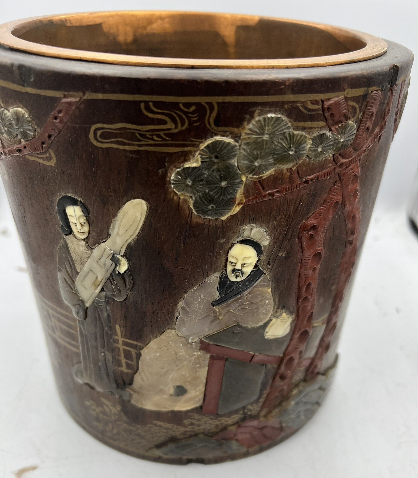 Antique Scholar’s Dry Brush Holder Pot Rosewood Chinese Inlaid Jade/Soapstone eBay