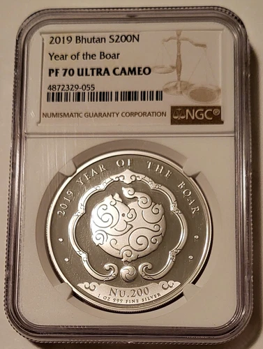 Bhutan 2019 1 oz Silver 200 Ngultrums Year of the Boar PF70 UC NGC Low Mint