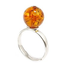 Cognac amber and silver 925 adjustable ring. Cognac round Baltic amber bead Silv