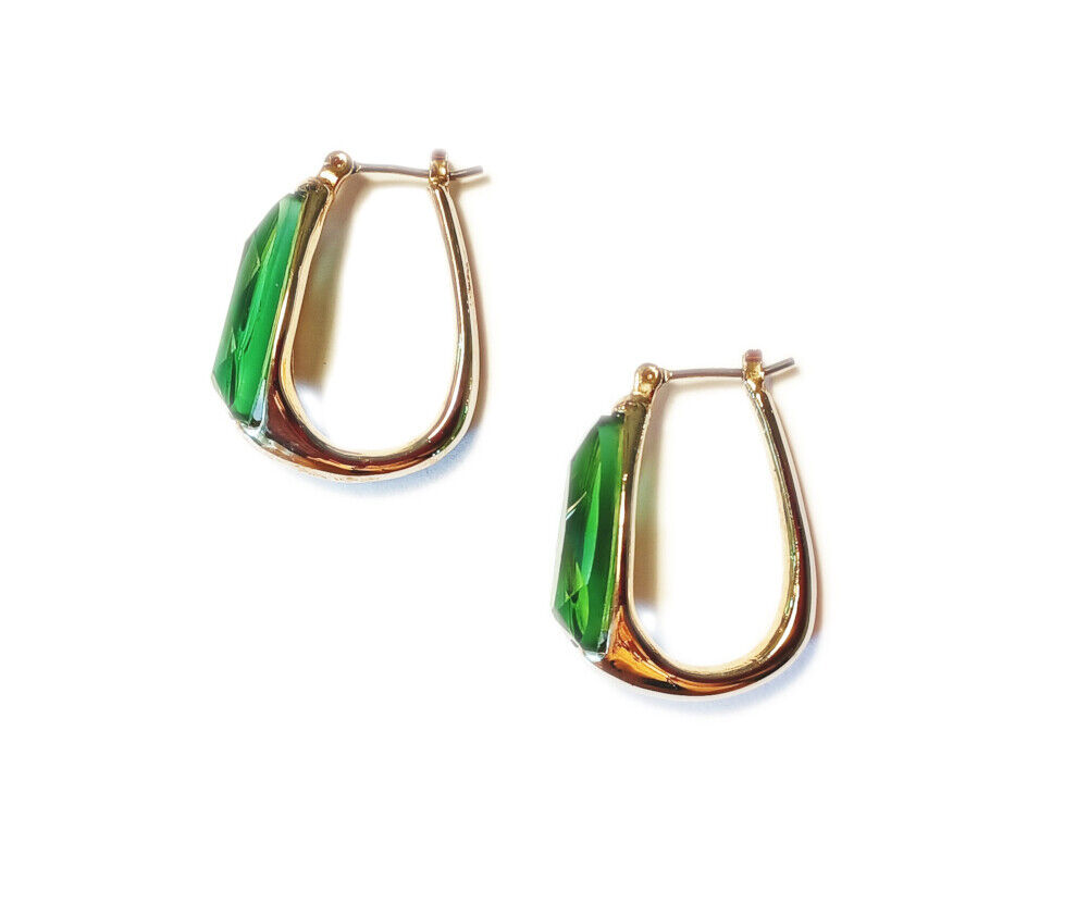 Gold-Tone and Green Rhinestone Hoop Earrings Simp… - image 5