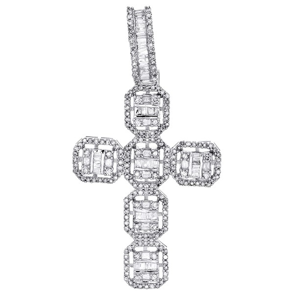 "10K WeißGold Rund & Baguette Diamant Kreuz AnhäNger 1.9 \" Statement 1 Karat"-image