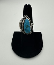 Vtg Native American Signed Large Turquoise Feather Sterling Silver Ring Size 6.5