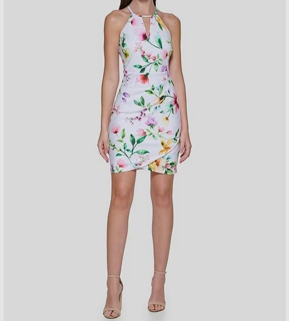 guess floral halter dress $108 Guess Women's White Floral Halter Faux Wrap Sleeveless Sheath Dress  Size 6