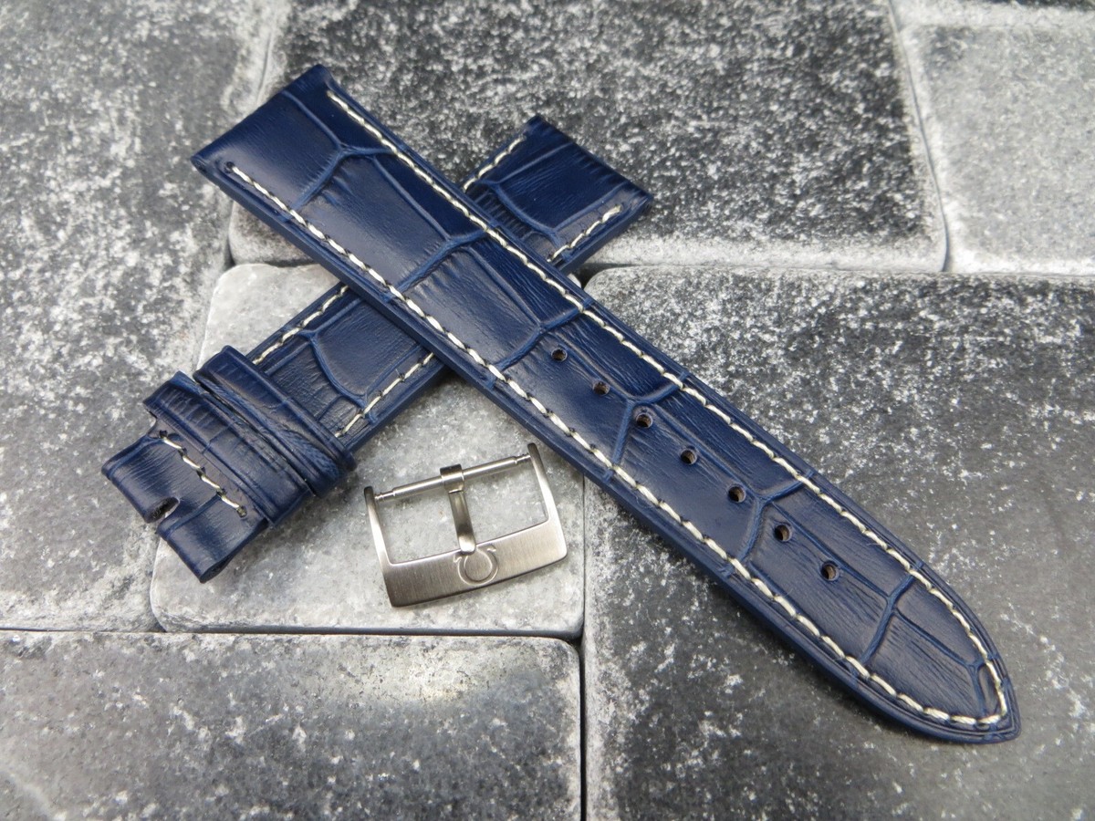 18mm Leather Strap Navy Blue Watch Band with OEM OMEGA Buckle Set