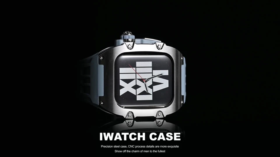 316L Stainless Steel RM Mod Kit Case Rubber Strap for Apple Watch 9 8 6 45/44mm - Image 3 of 4