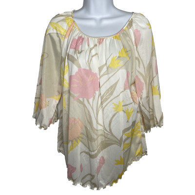 Vintage 70s Vera Neumann Ivory Pastel Pink Yellow Floral Blouse Top Size 12