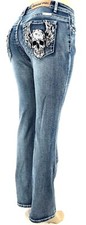PLATINUM PLUSH LADIES SKULL  WINGS RHINESTONE DENIM BOOT CUT JEANS STYLE 4050