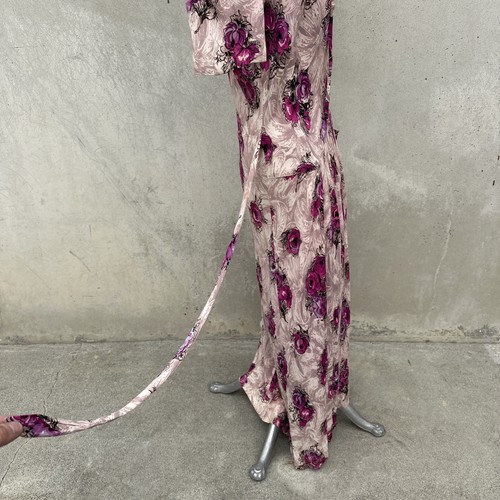 Vintage 1930s Purple Floral Print Jersey Rayon Midi Dress Ruching Bow Roses - Picture 12 of 13