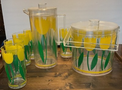 Vintage HJ Stotter MCM Yellow Tulip Pitcher, Ice Bucket and 6 glasses.
