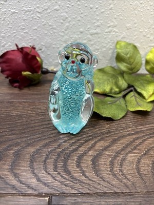 Glass Art Monkey Baboon Ape Aqua Turquoise & Clear Paperweight 4 