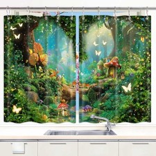 Fantasy Butterfly Greens Kitchen Curtains Window Drapes 2 Panel Set with Hooks