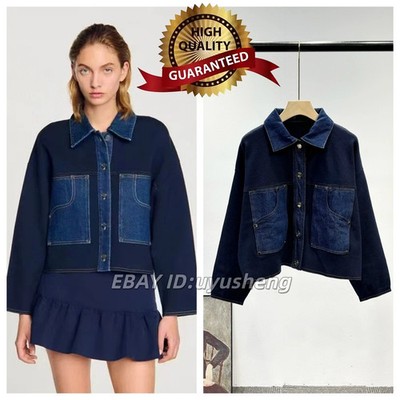  AUTHENTIC Sandro Blue Denim Lapel Knitted Metal Button Cardigan Coat Tops SML