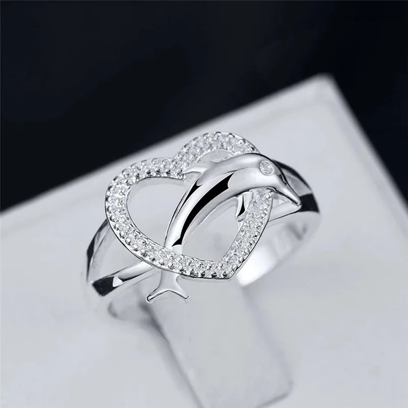 Anillo De Plata Para Mujer Joyería De Amor Fino Con Forma De Corazón De Delfines