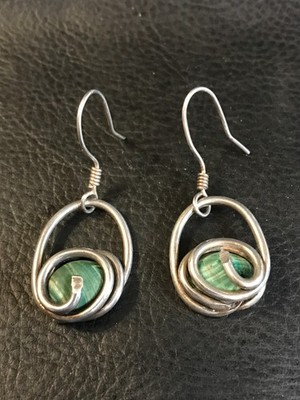 Artisan Made Sterling Silver Wire Swirl Matte Green Malachite Dangle Earrings
